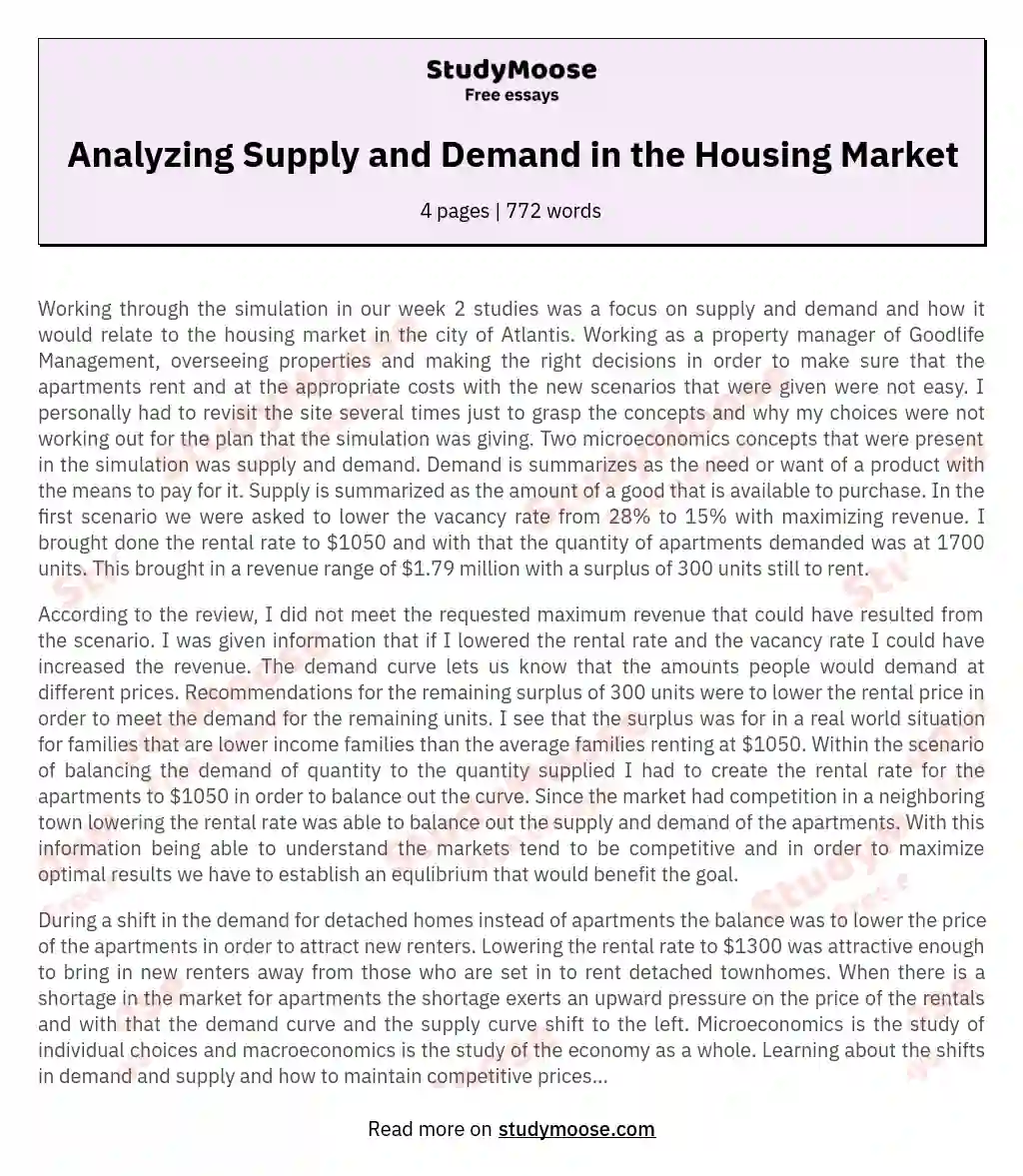 Analyzing Supply and Demand in the Housing Market essay