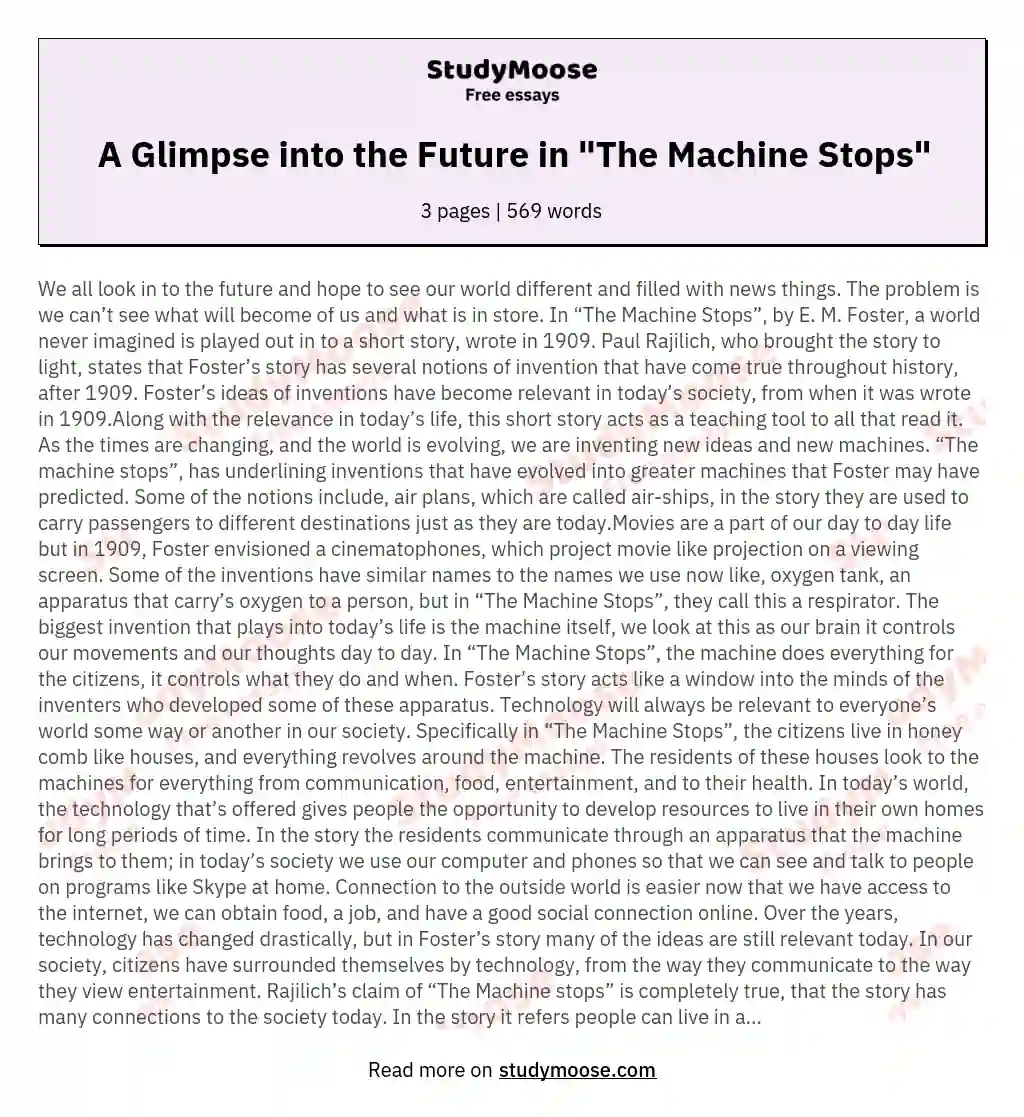 A Glimpse into the Future in "The Machine Stops" essay