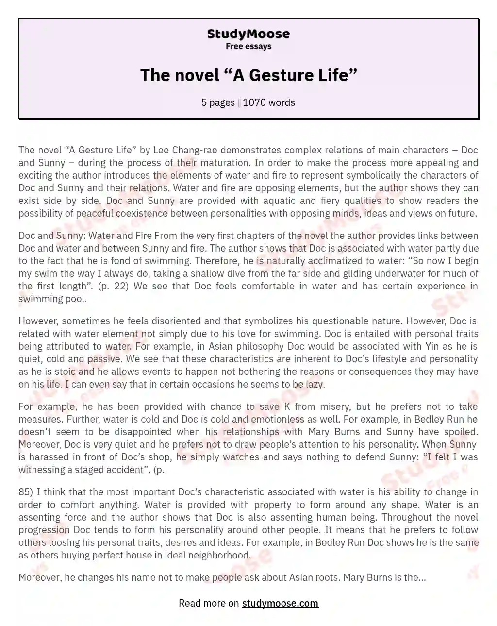 The novel “A Gesture Life” essay