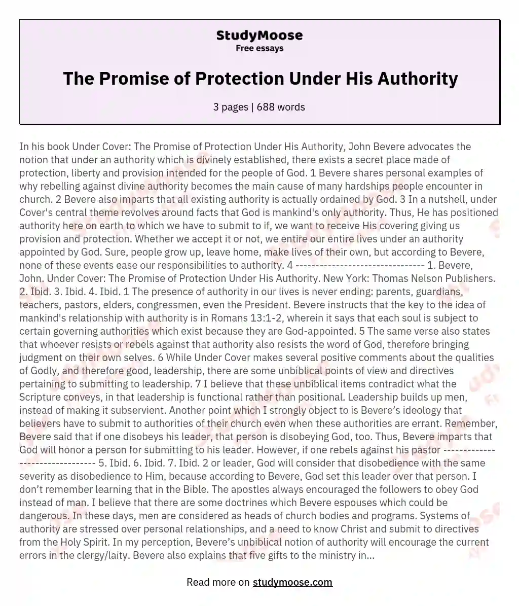 The Promise of Protection Under His Authority essay