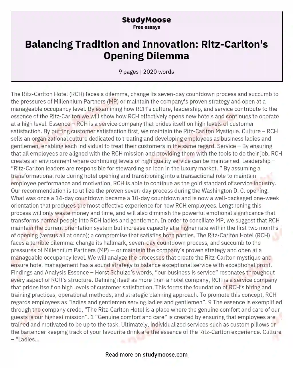 Balancing Tradition and Innovation: Ritz-Carlton's Opening Dilemma essay