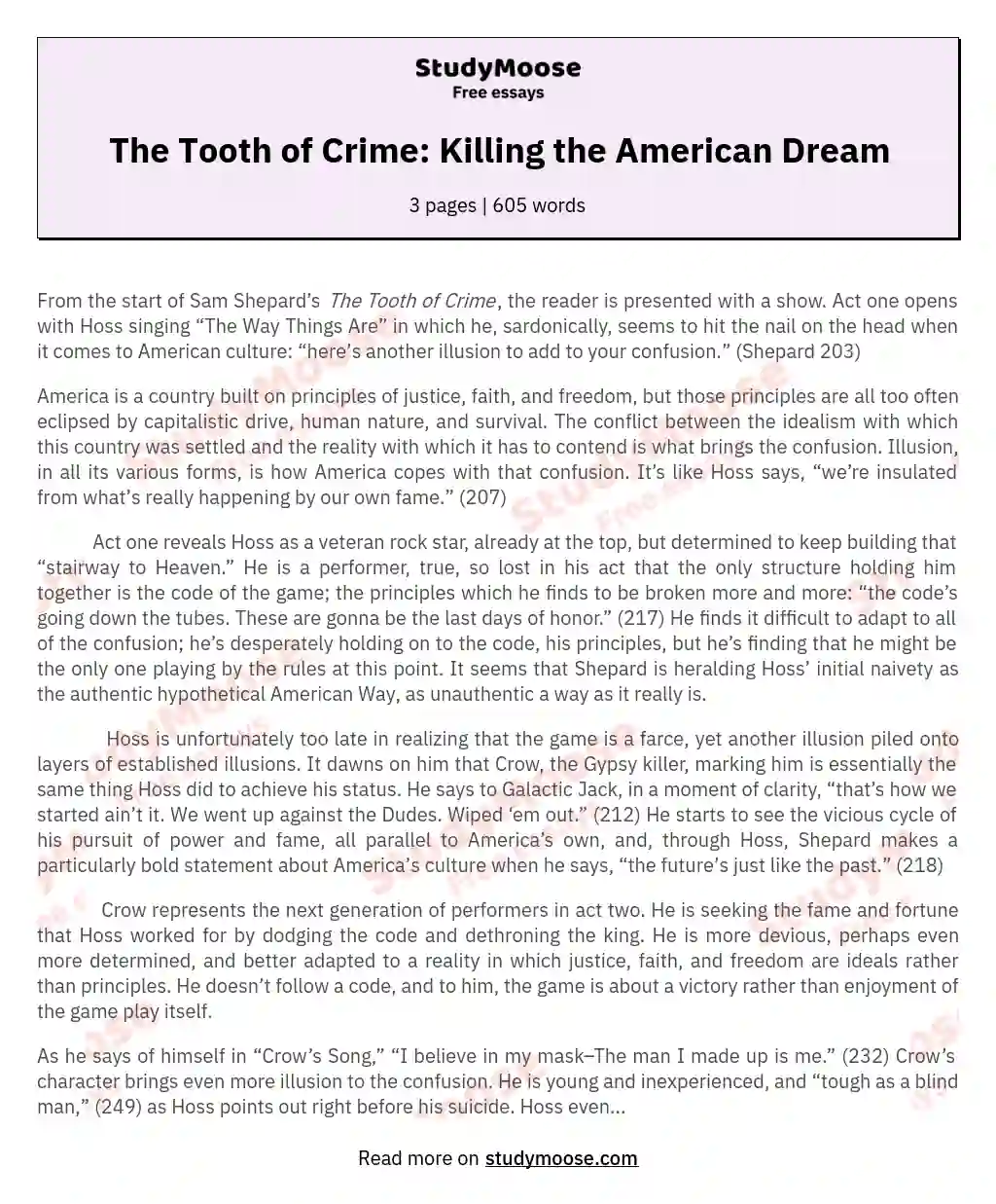 The Tooth of Crime: Killing the American Dream essay