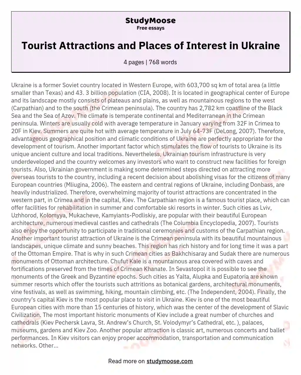 Tourist Attractions and Places of Interest in Ukraine essay