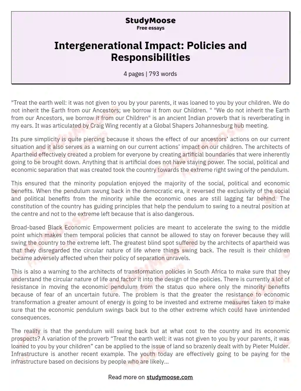 Intergenerational Impact: Policies and Responsibilities essay