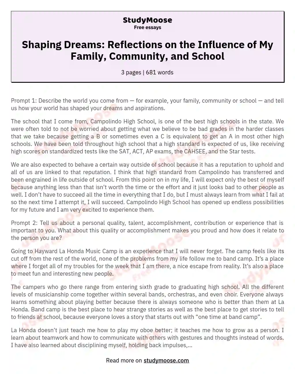 Shaping Dreams: Reflections on the Influence of My Family, Community, and School essay