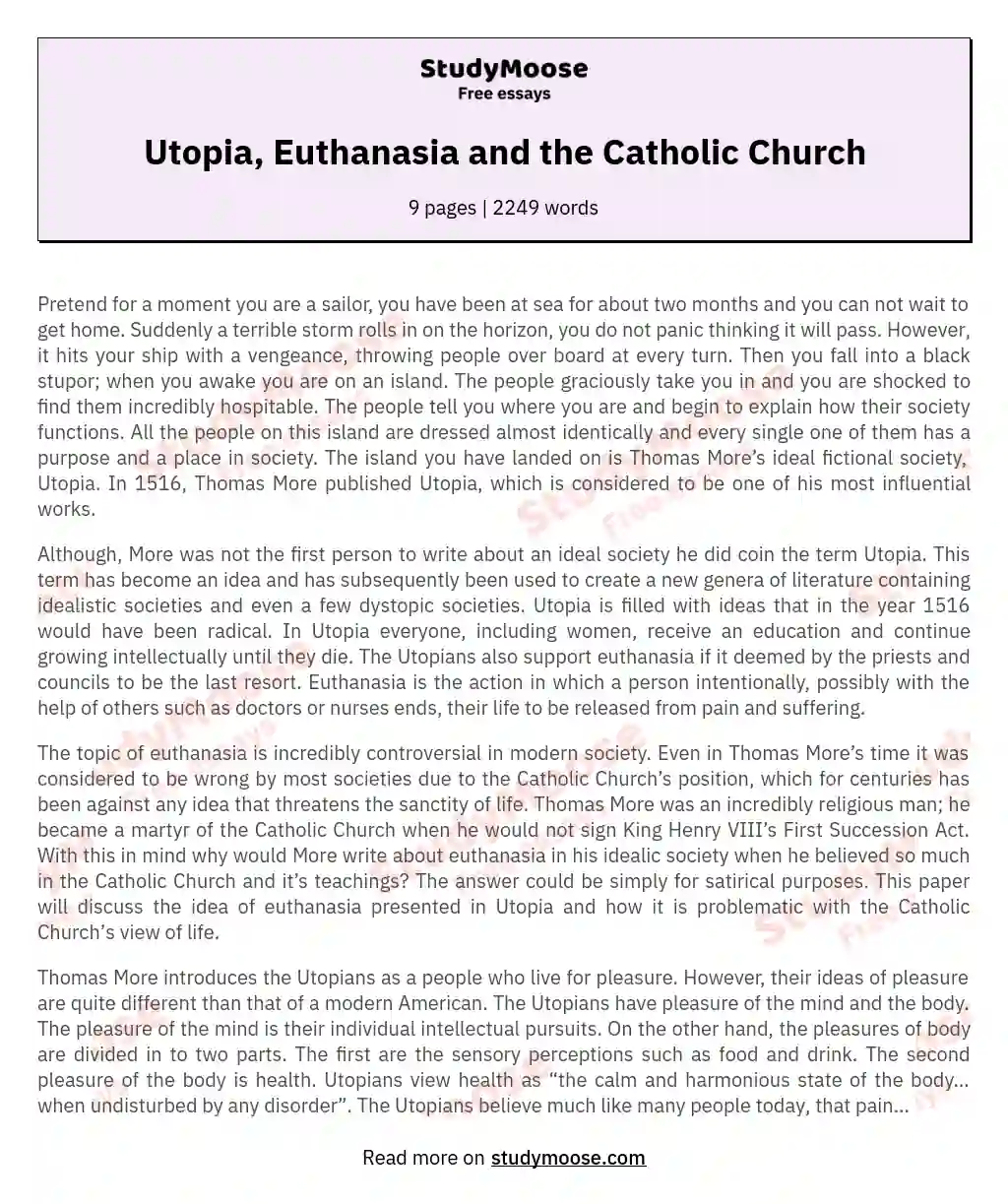 Utopia, Euthanasia and the Catholic Church essay