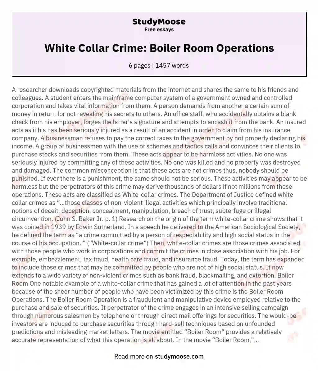 White Collar Crime: Boiler Room Operations essay