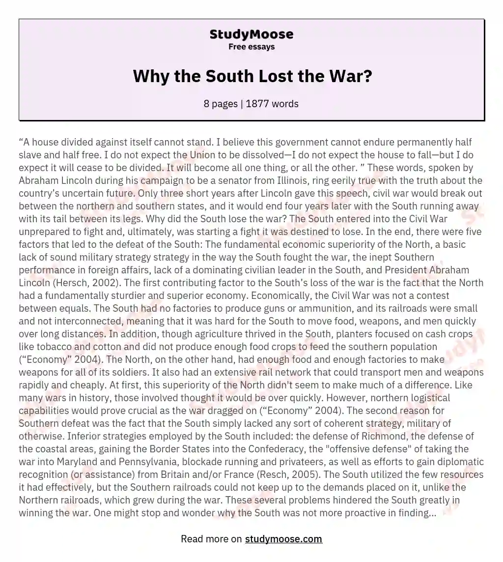 Why the South Lost the War? essay