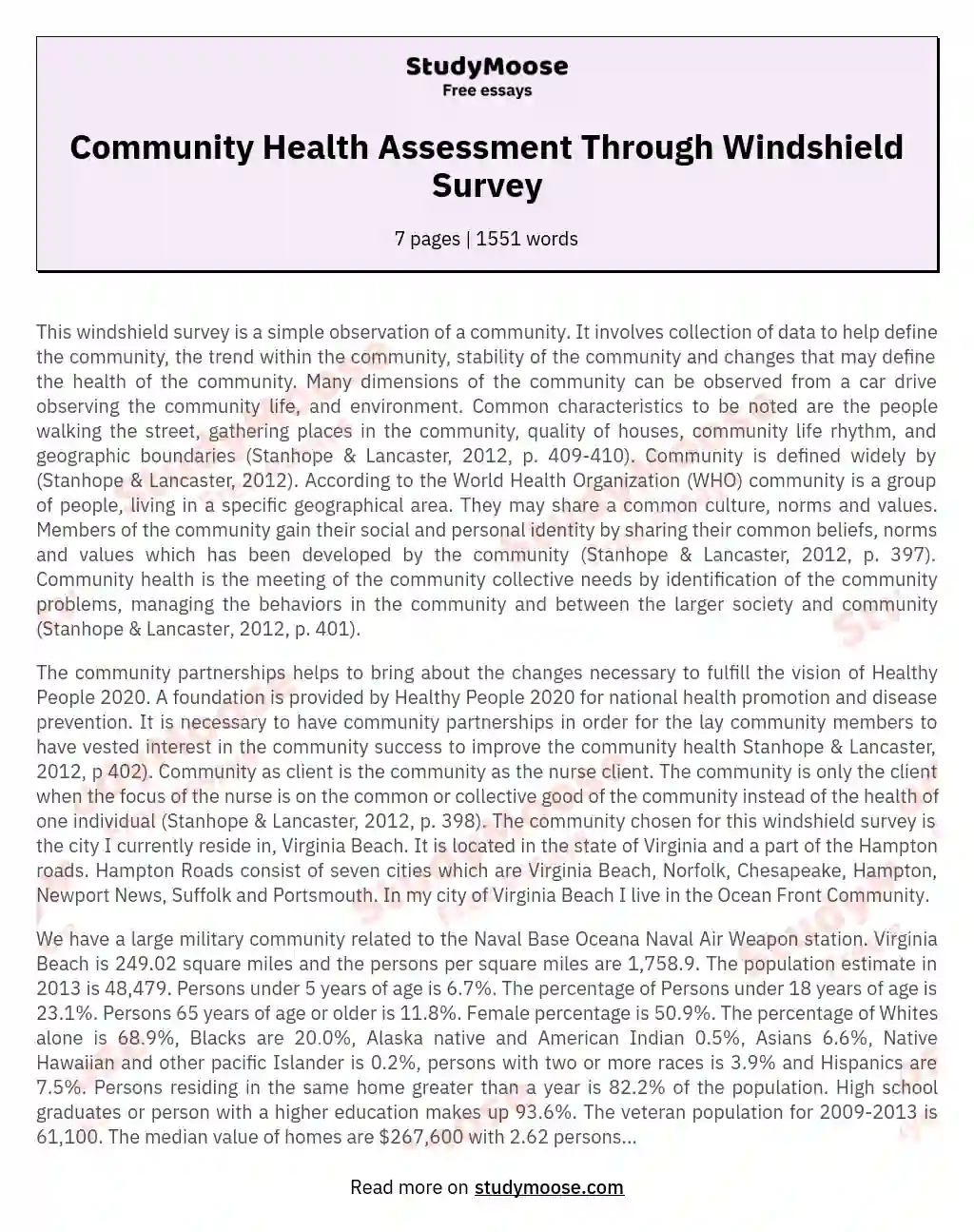 Community Health Assessment Through Windshield Survey essay