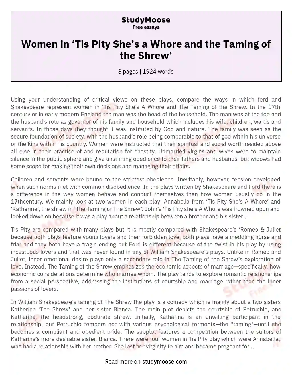 Women in ‘Tis Pity She’s a Whore and the Taming of the Shrew‘