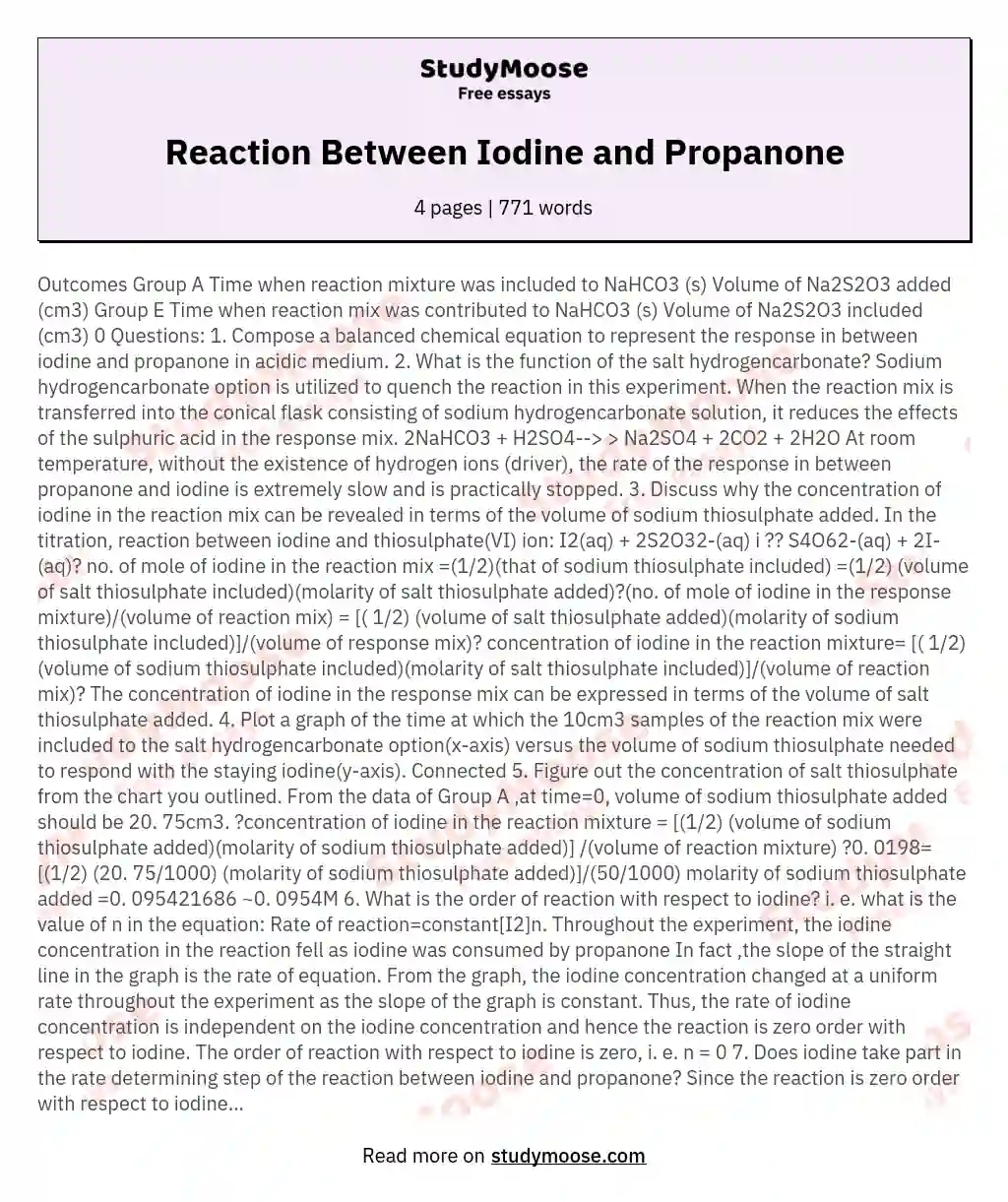 Reaction Between Iodine and Propanone essay