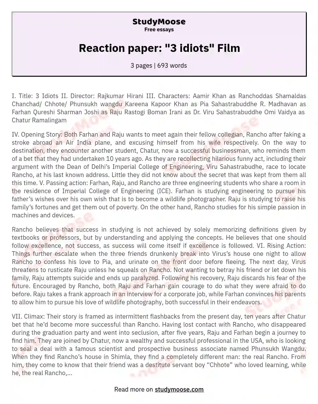 Reaction paper: "3 idiots" Film