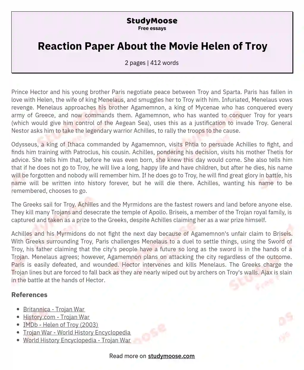 Reaction Paper About the Movie Helen of Troy essay