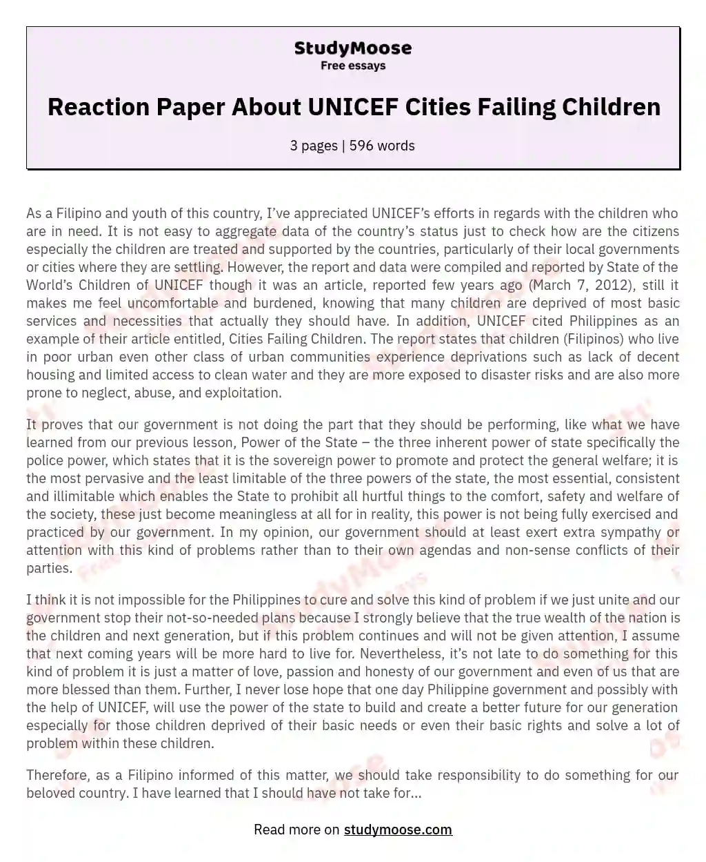 Reaction Paper About UNICEF Cities Failing Children essay