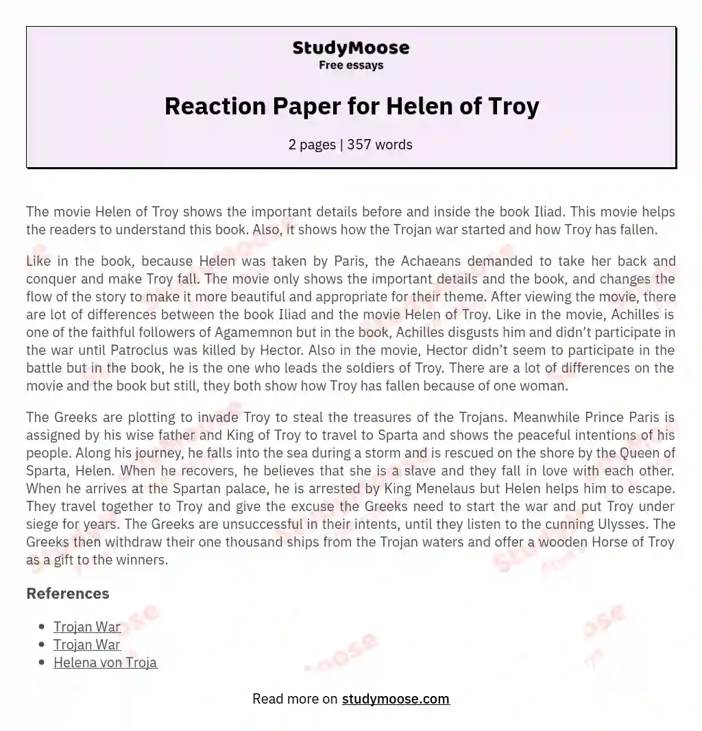 Reaction Paper for Helen of Troy essay