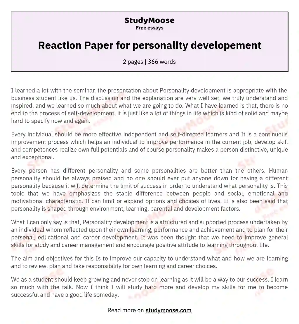 Reaction Paper for personality developement essay
