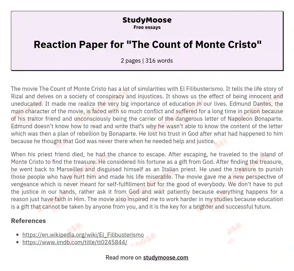 Reaction Paper for "The Count of Monte Cristo" essay