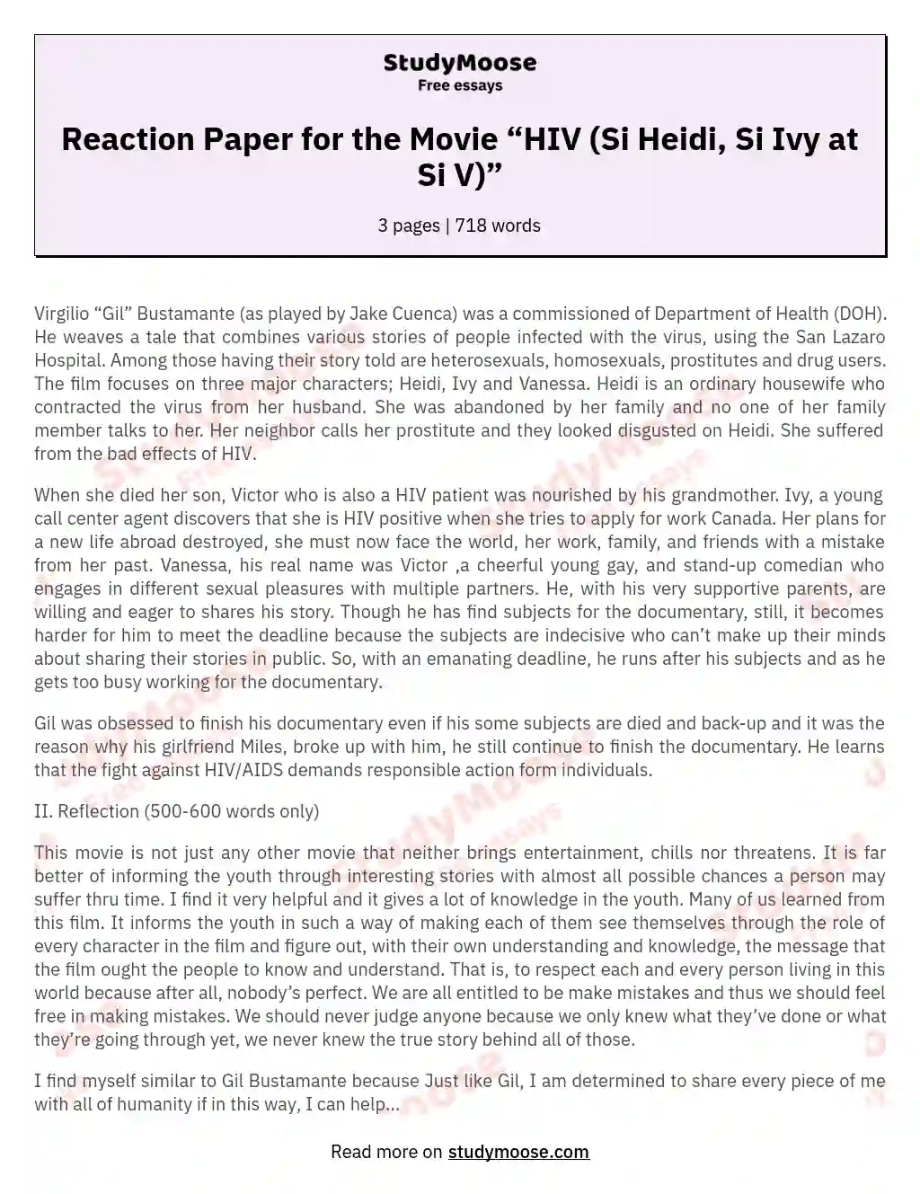 Reaction Paper for the Movie “HIV (Si Heidi, Si Ivy at Si V)” essay
