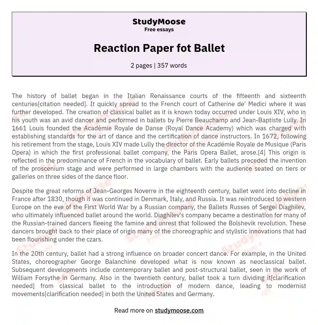 Reaction Paper fot Ballet essay
