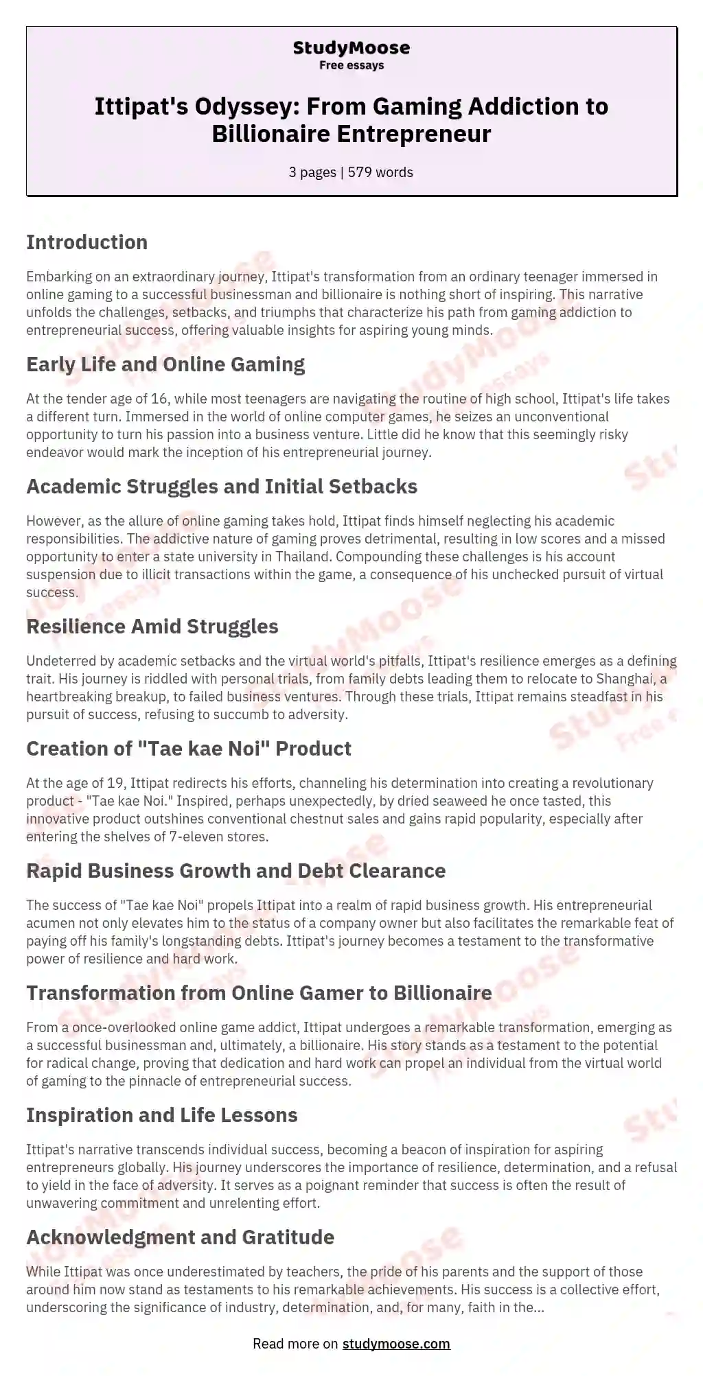 Ittipat's Odyssey: From Gaming Addiction to Billionaire Entrepreneur essay