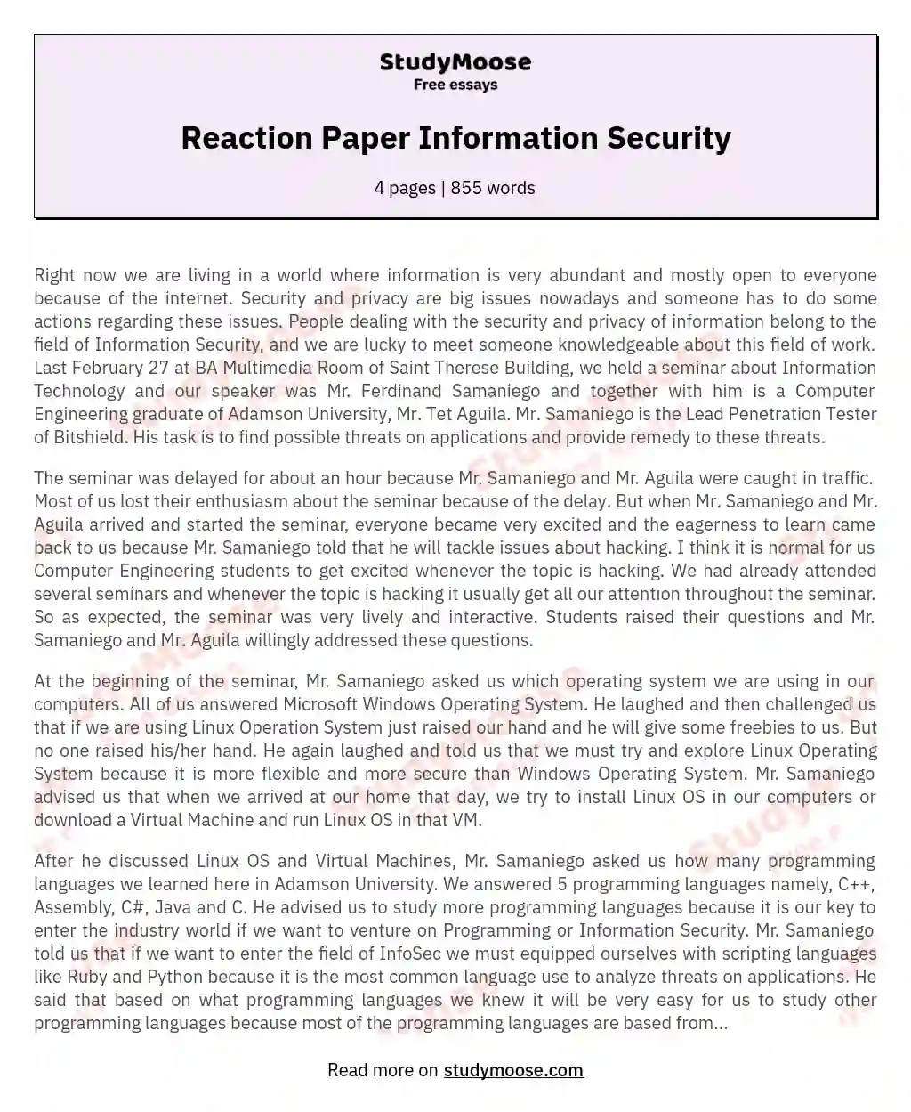 Reaction Paper Information Security