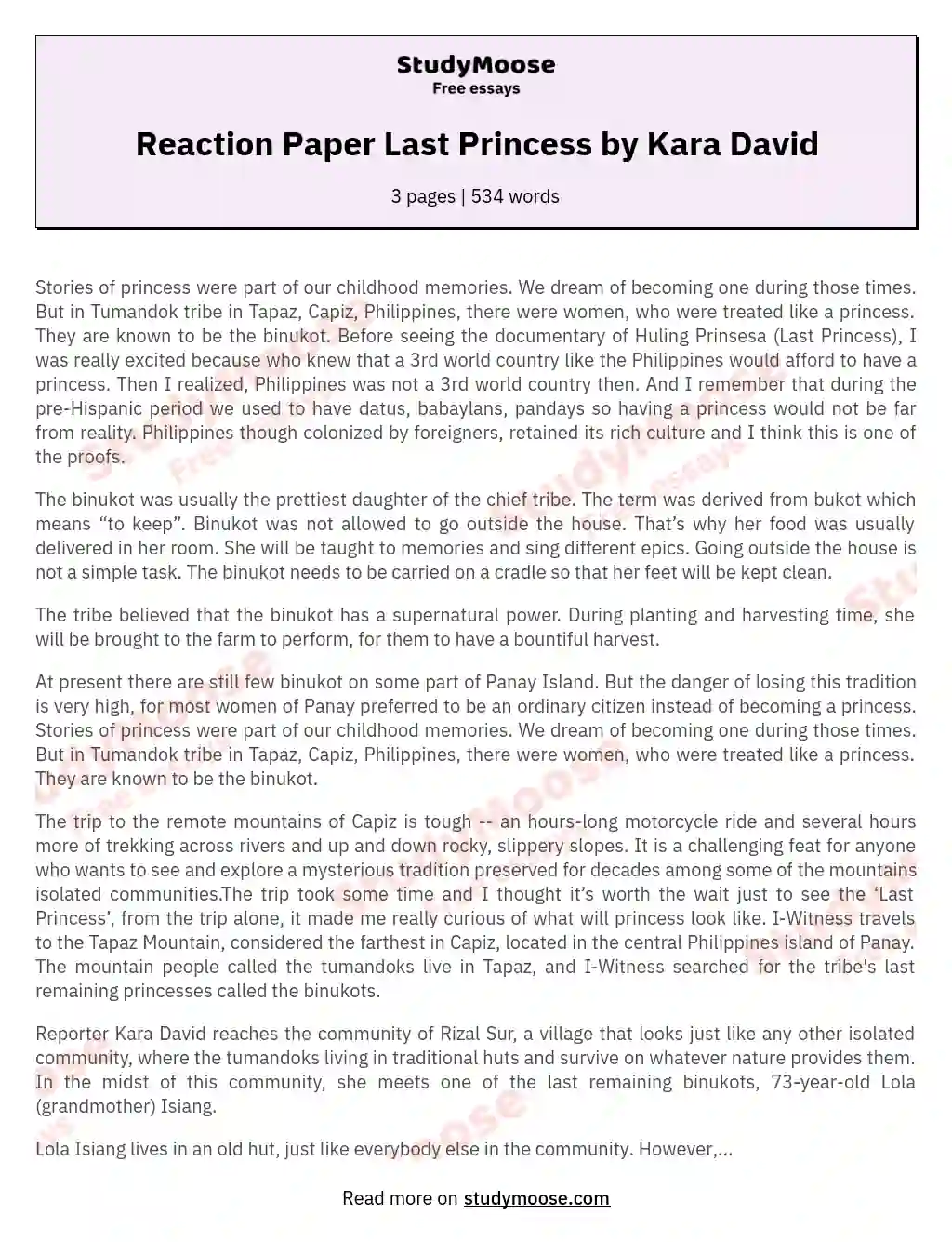 Reaction Paper Last Princess by Kara David essay