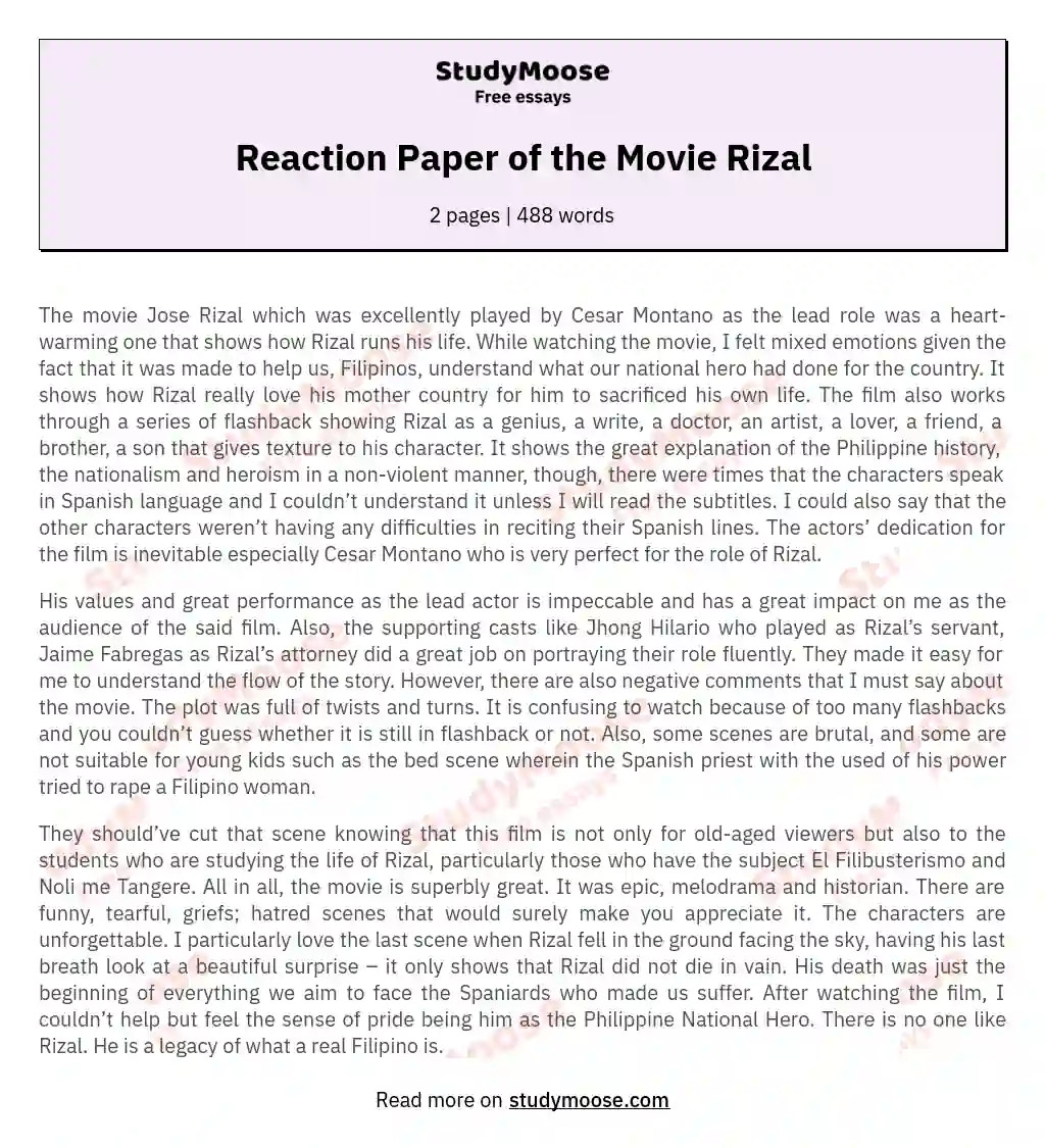 Reaction Paper of the Movie Rizal essay