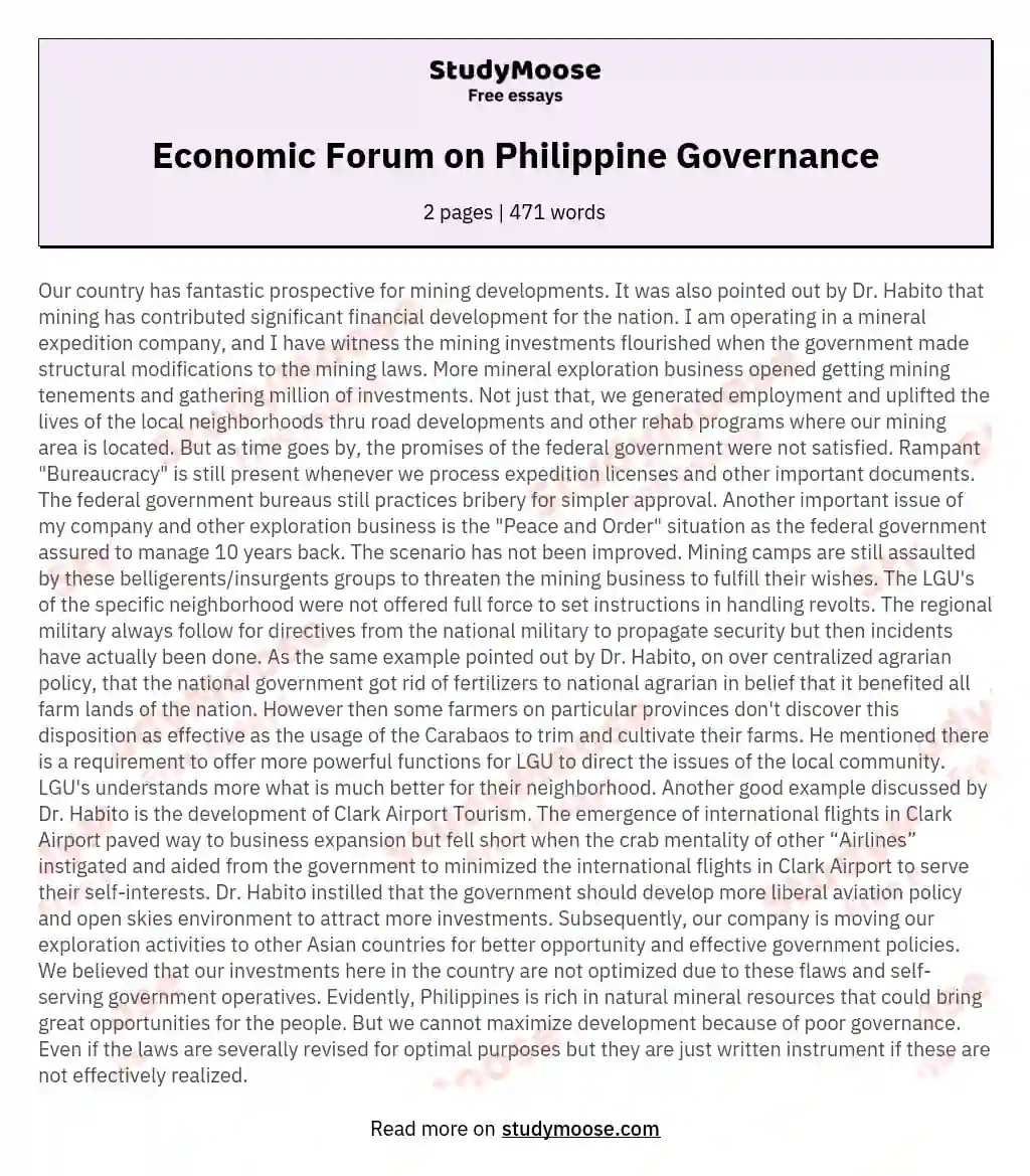 Economic Forum on Philippine Governance essay