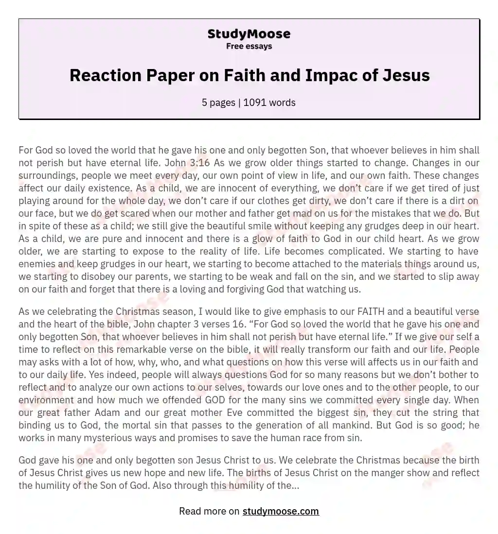 Reaction Paper on Faith and Impac of Jesus essay