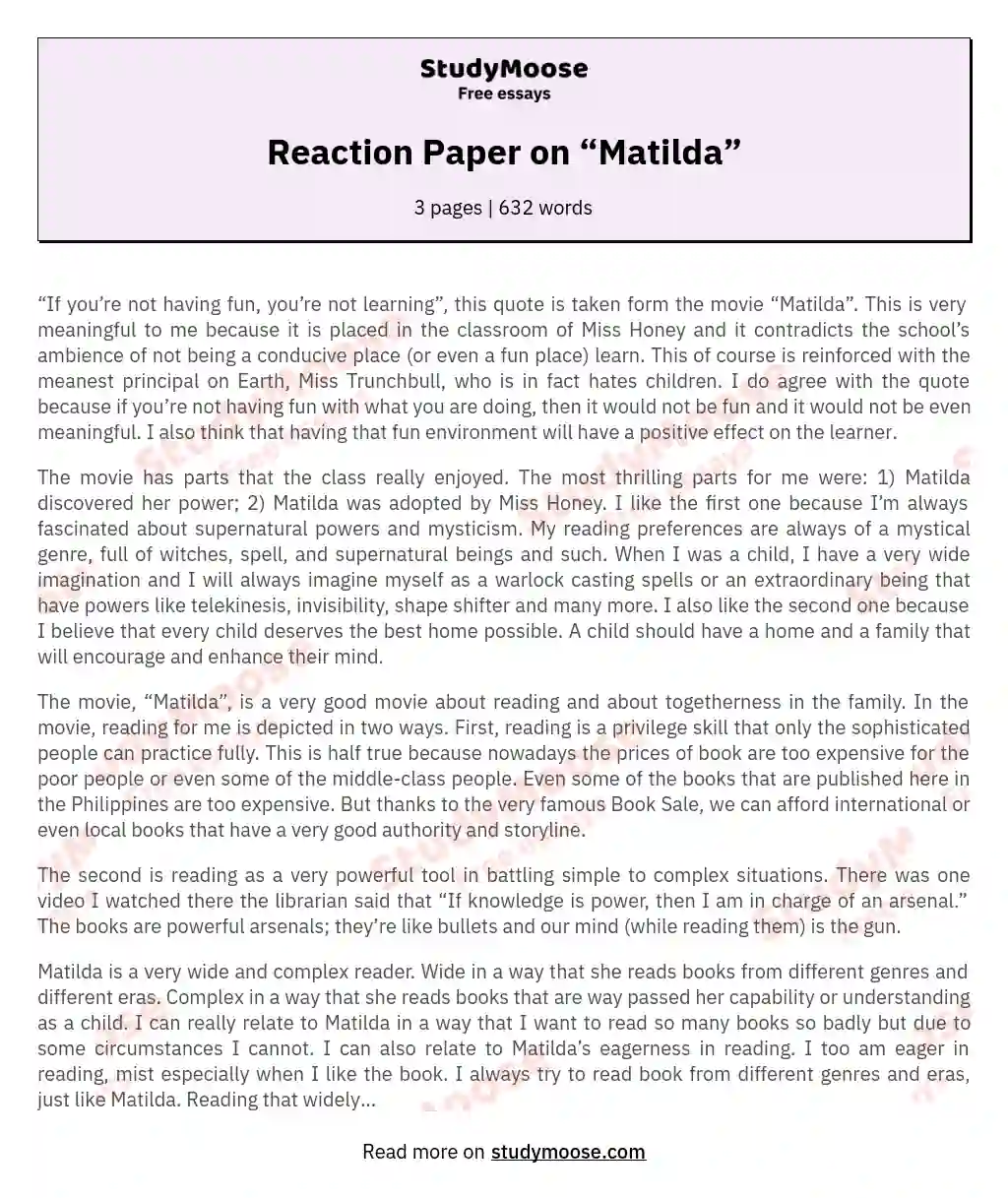Reaction Paper on “Matilda” essay