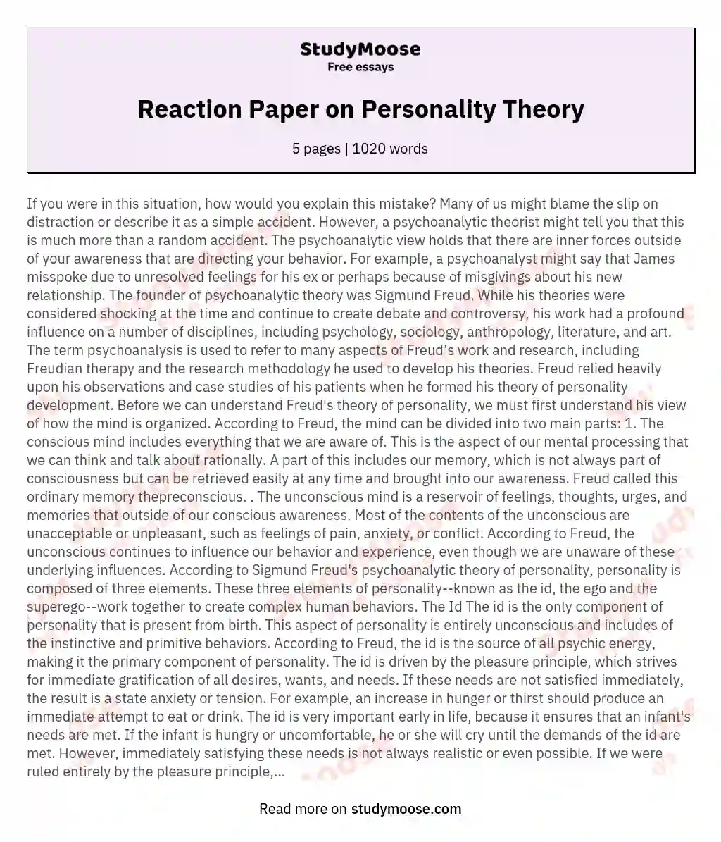 Reaction Paper on Personality Theory essay