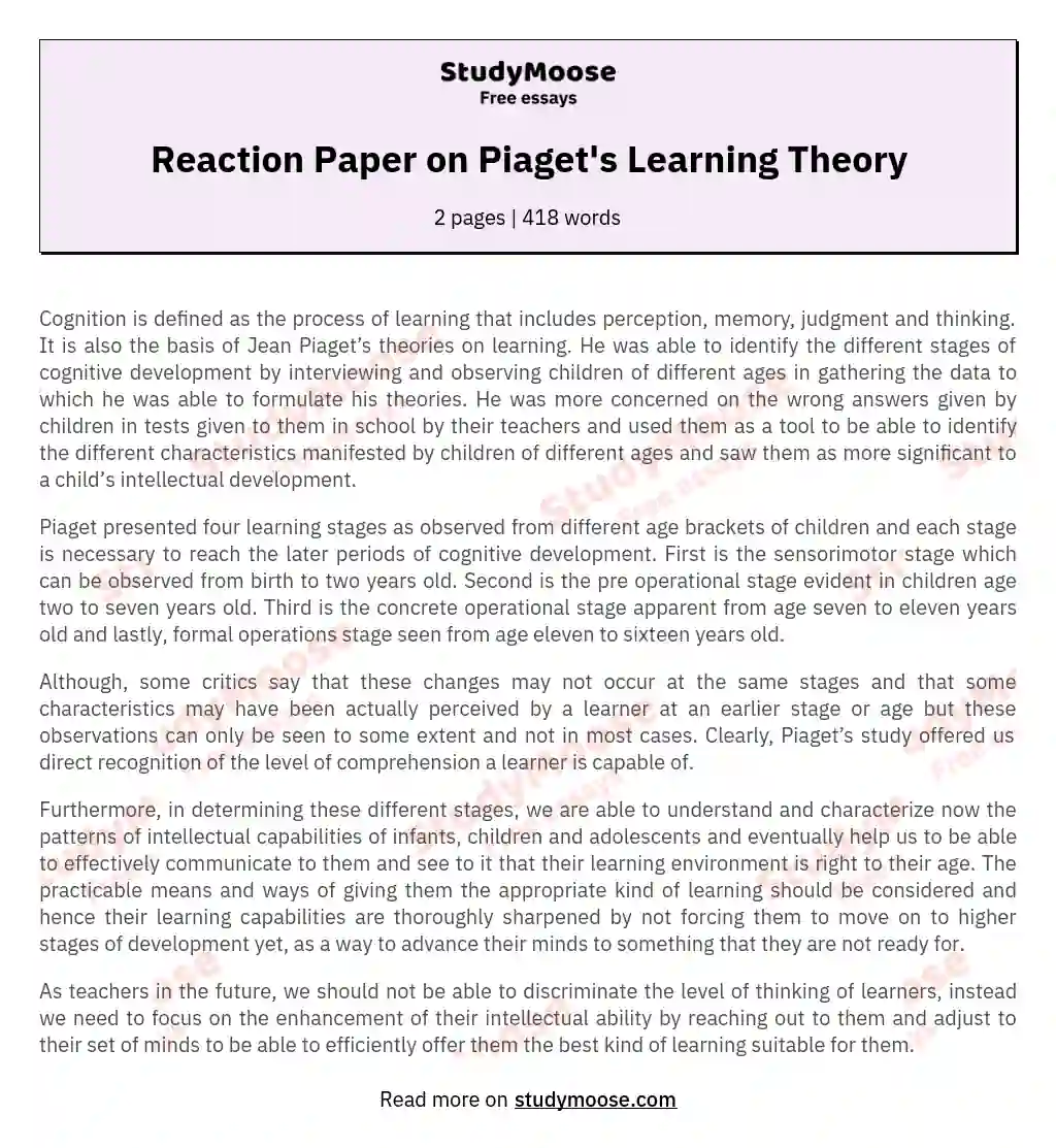 Reaction Paper on Piaget's Learning Theory essay