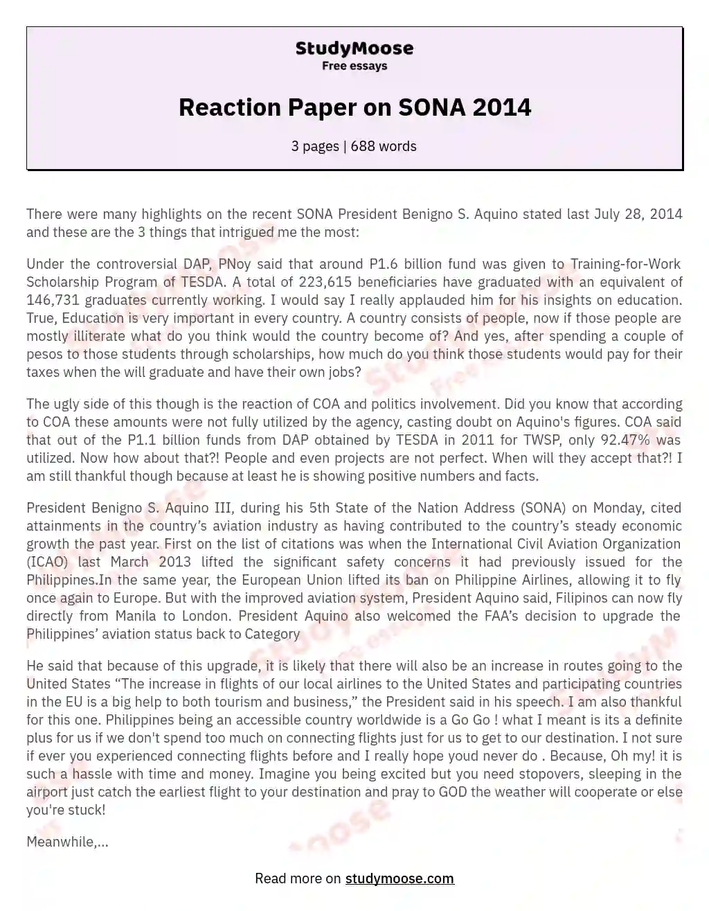 Reaction Paper on SONA 2014 essay