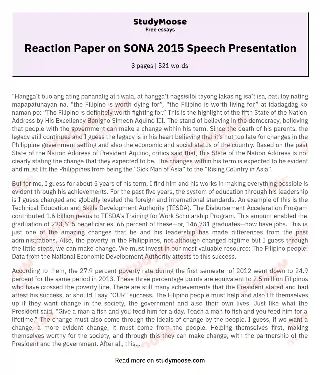 Reaction Paper on SONA 2015 Speech Presentation