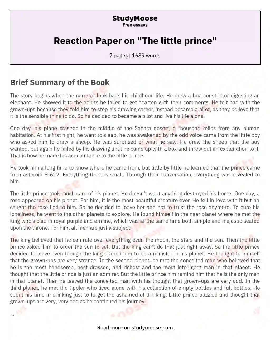 Reaction Paper on "The little prince" essay