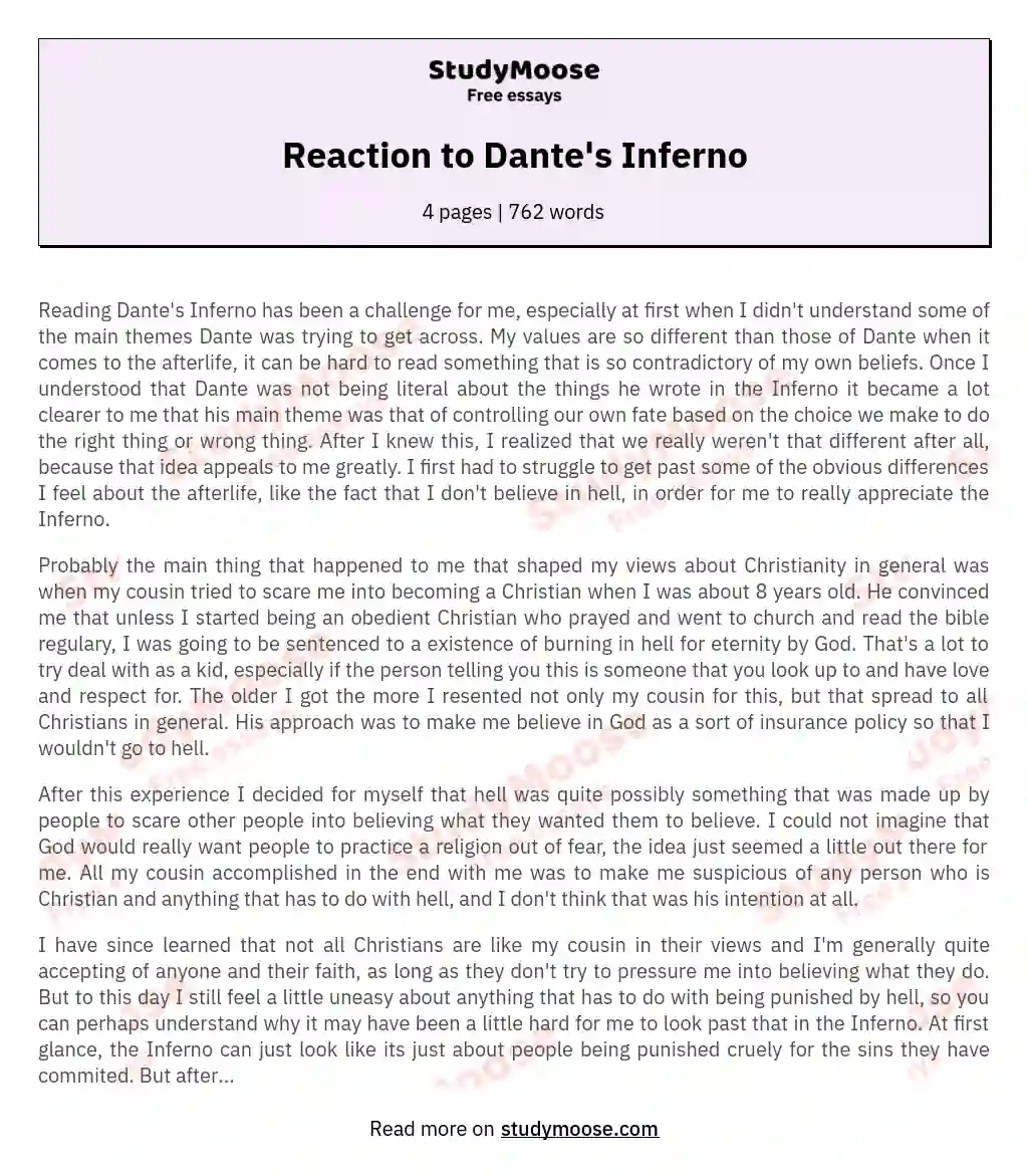 Reaction to Dante's Inferno essay