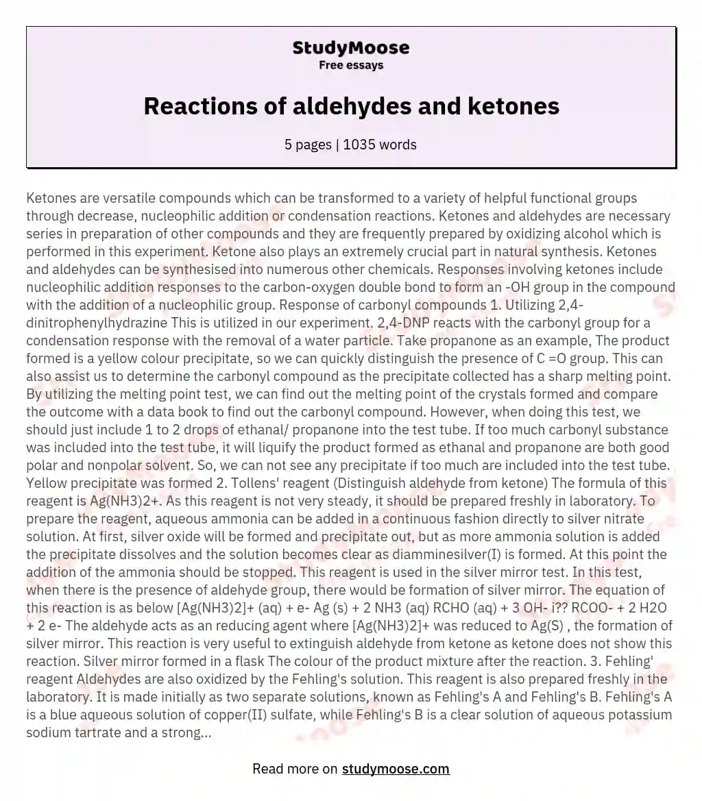 Reactions of aldehydes and ketones essay