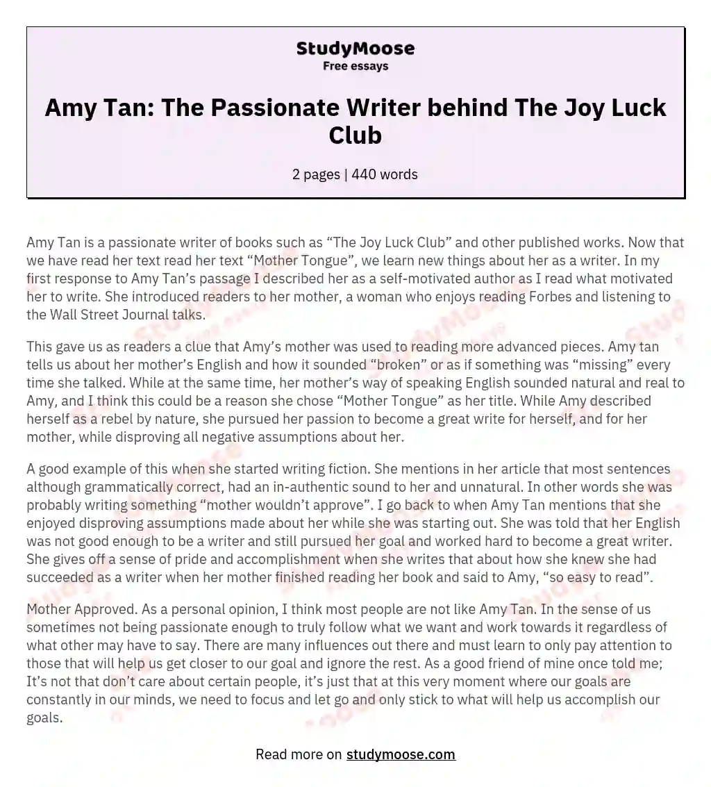 Amy Tan: The Passionate Writer behind The Joy Luck Club essay