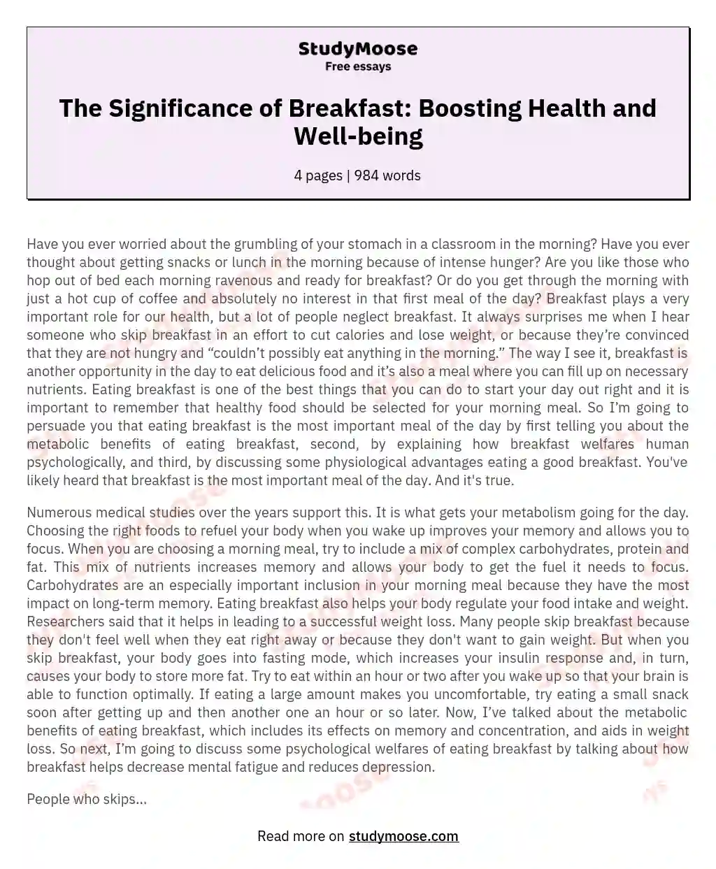 The Significance of Breakfast: Boosting Health and Well-being essay