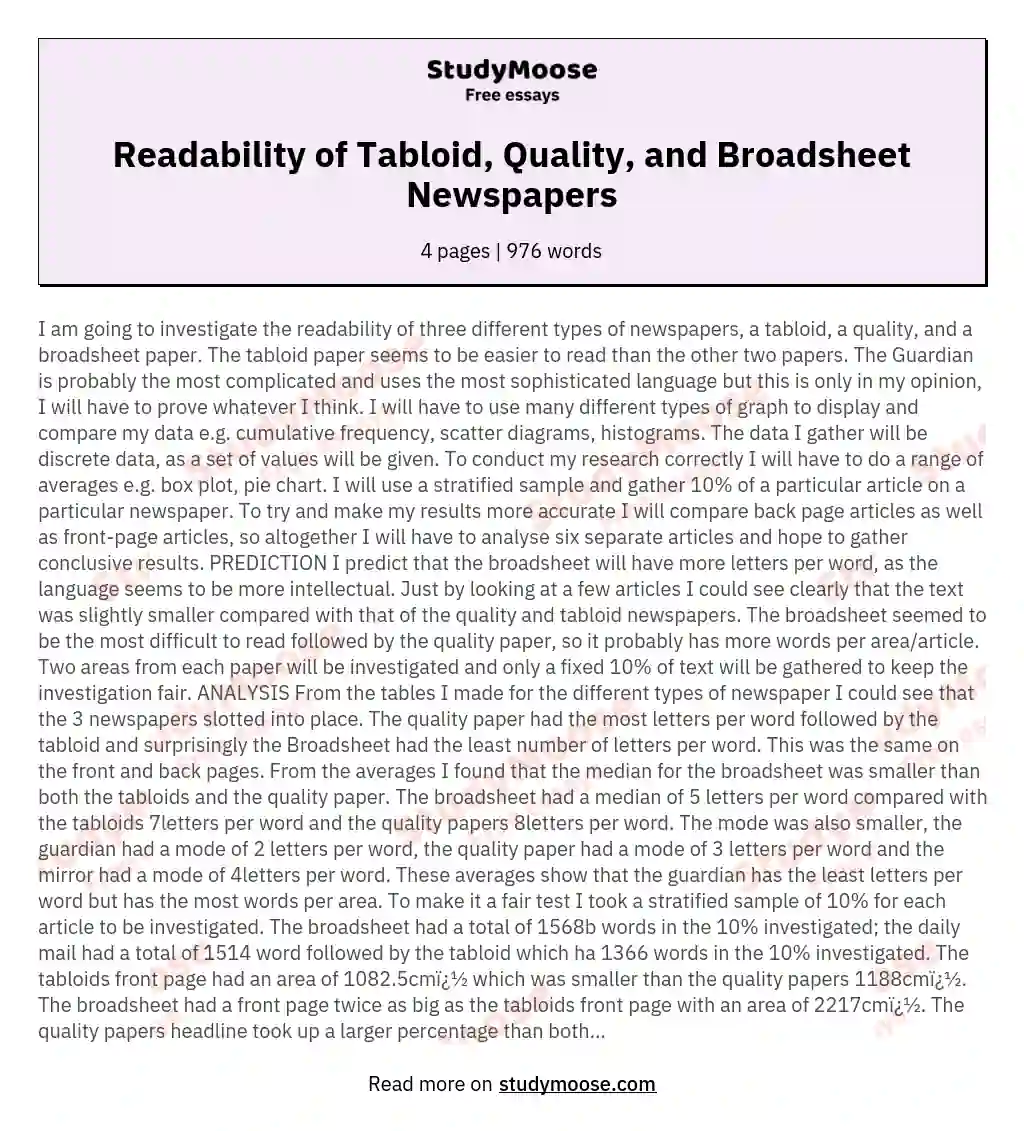 Readability of Tabloid, Quality, and Broadsheet Newspapers essay