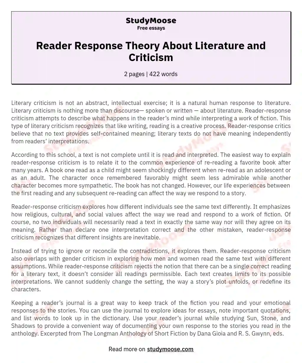 an essay of reader response