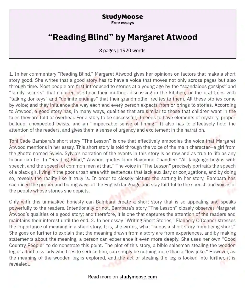 “Reading Blind” by Margaret Atwood essay