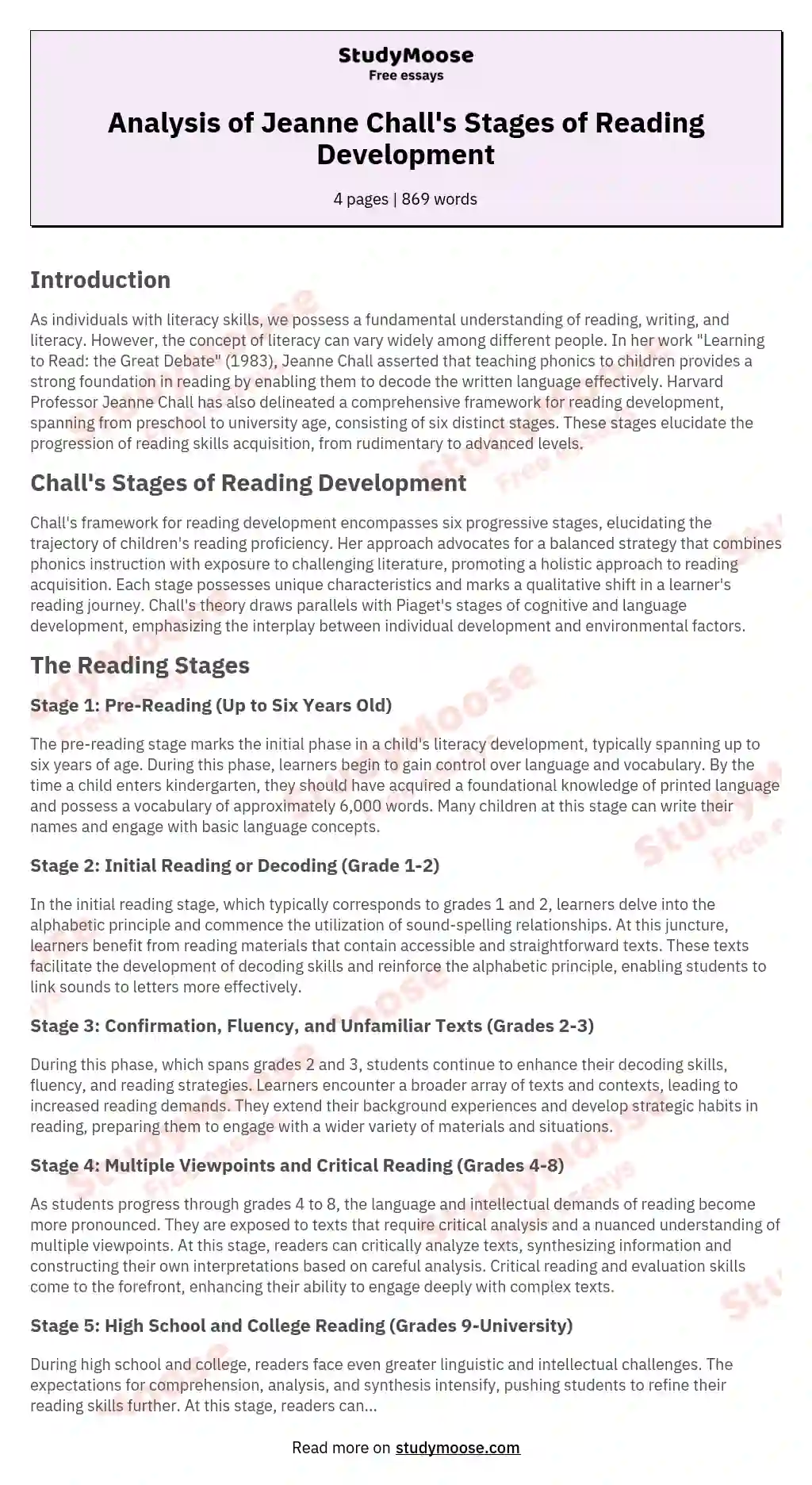 Analysis of Jeanne Chall's Stages of Reading Development essay