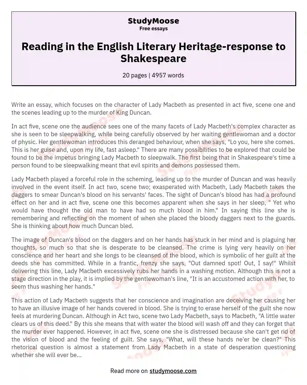 Reading in the English Literary Heritage-response to Shakespeare essay