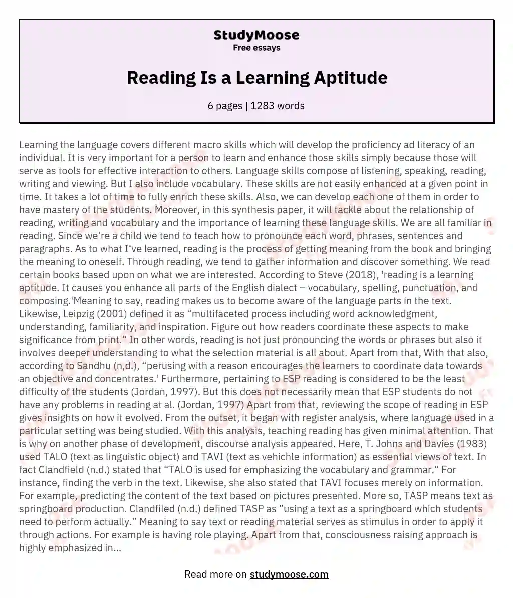 Reading Is a Learning Aptitude essay