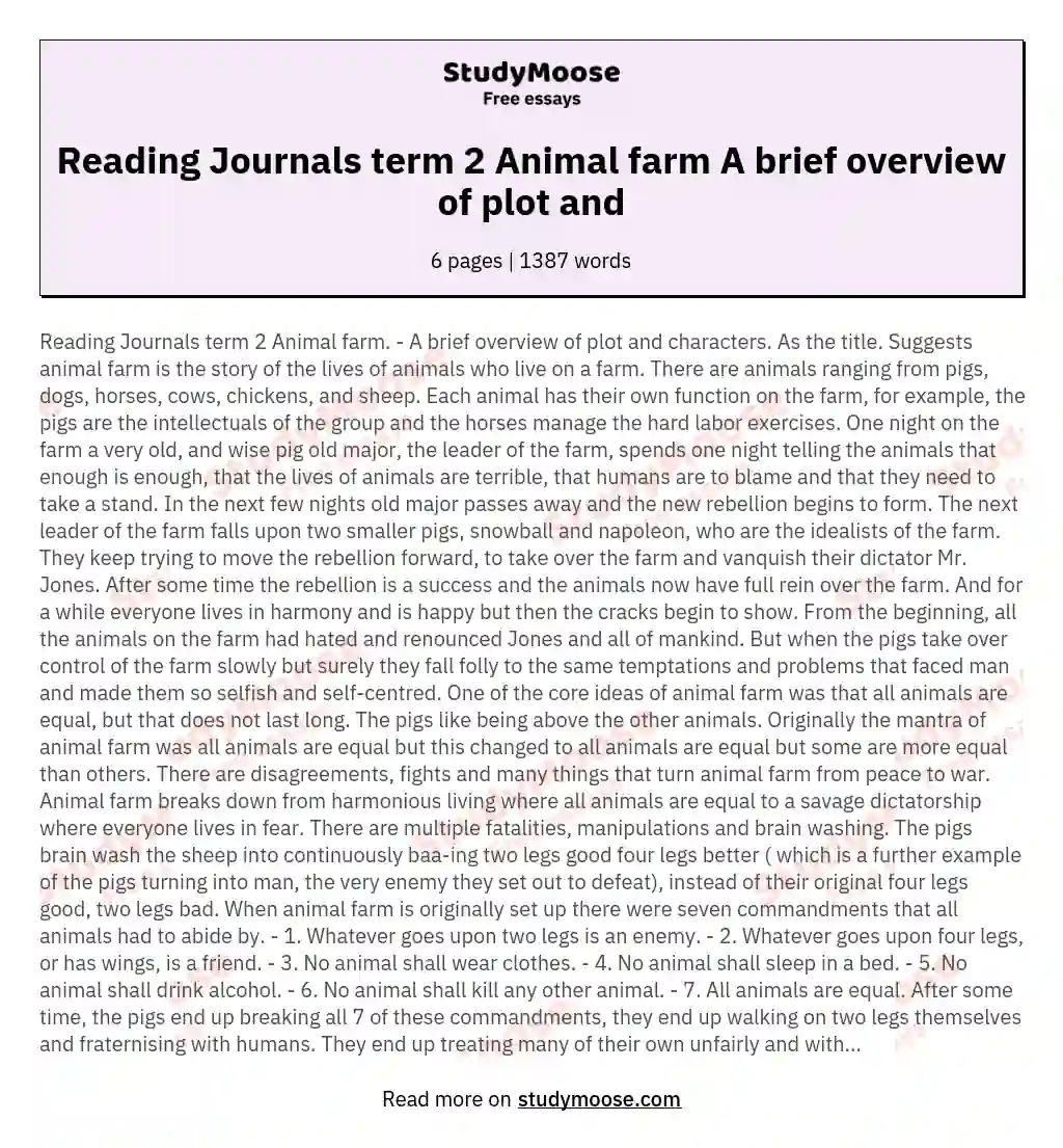 Reading Journals term 2 Animal farm A brief overview of plot and