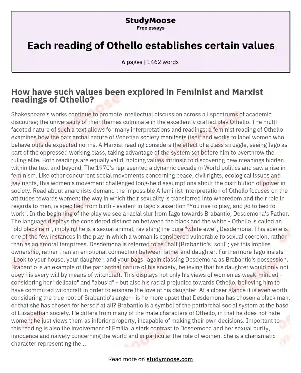 Each reading of Othello establishes certain values essay