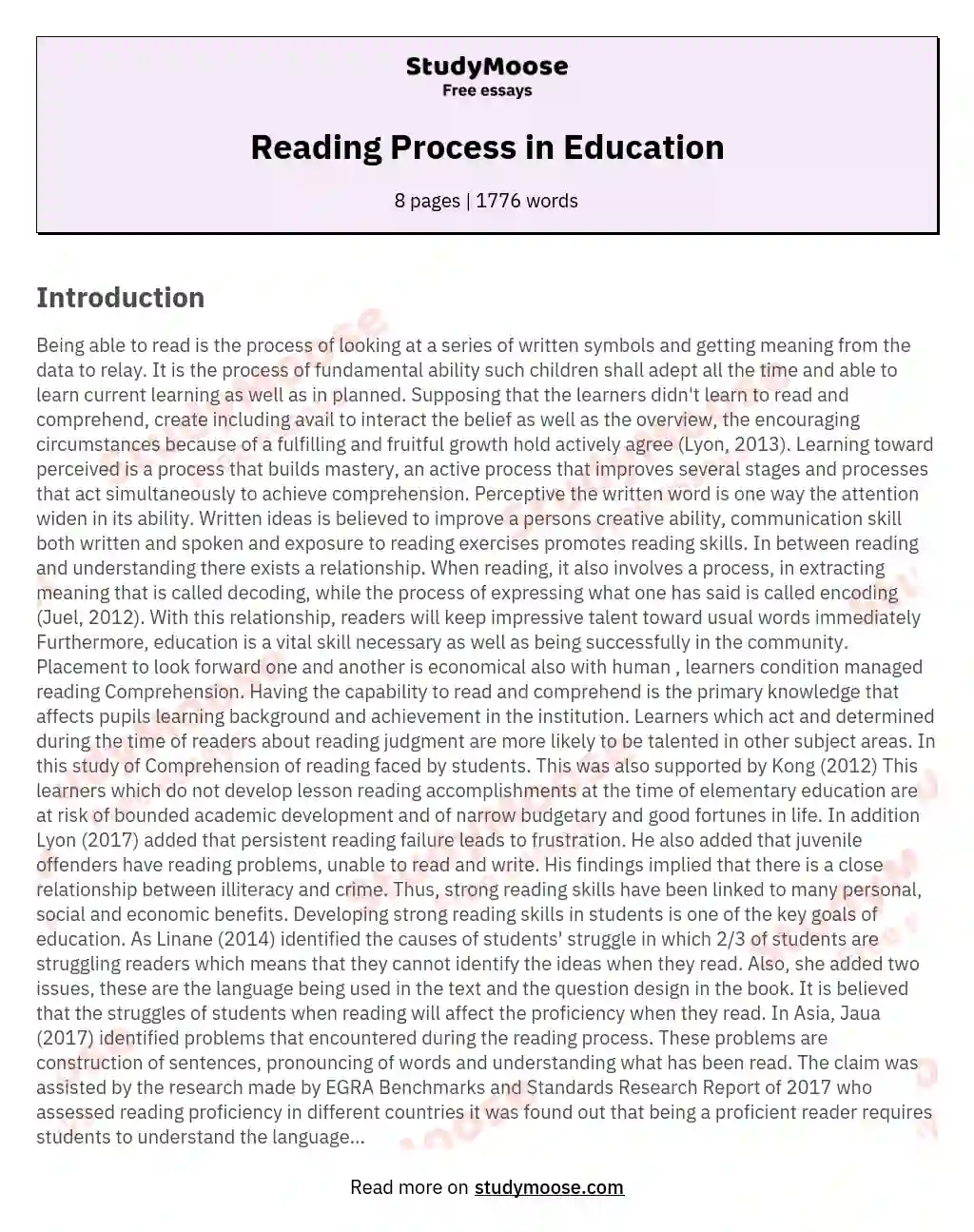 Reading Process in Education essay