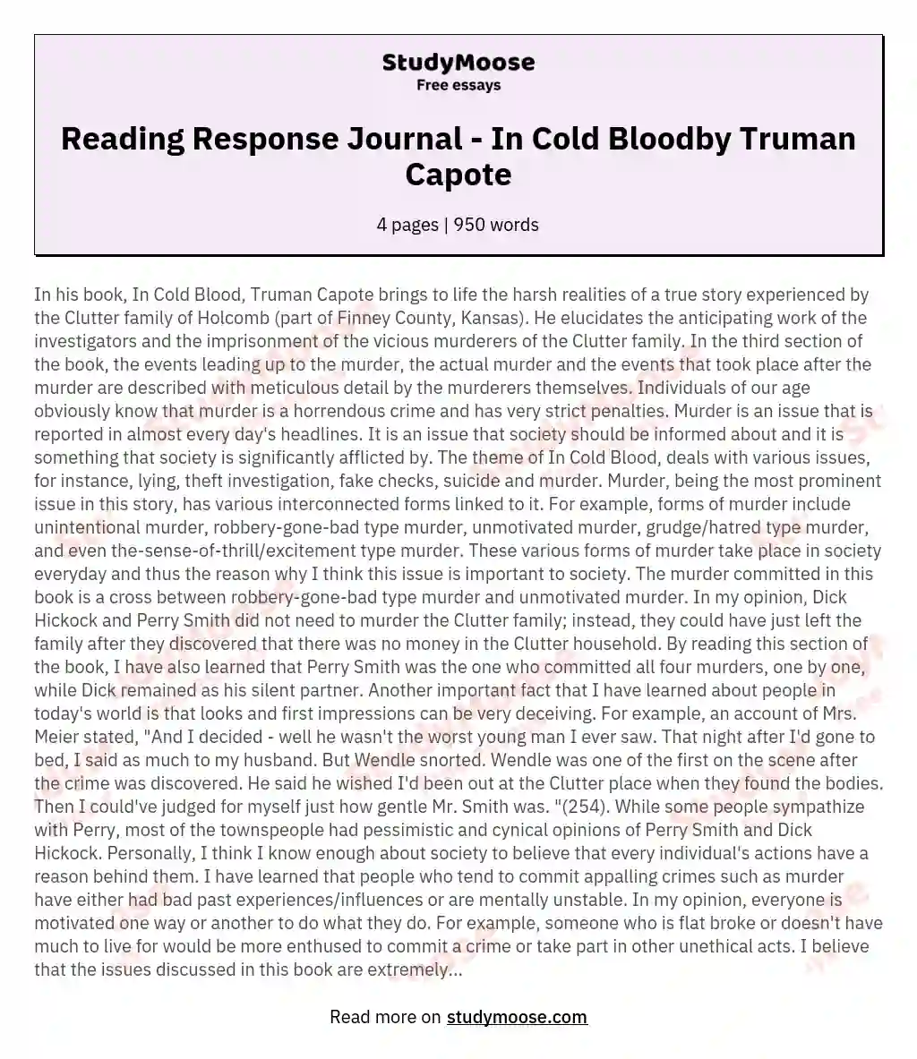 Reading Response Journal - In Cold Bloodby Truman Capote