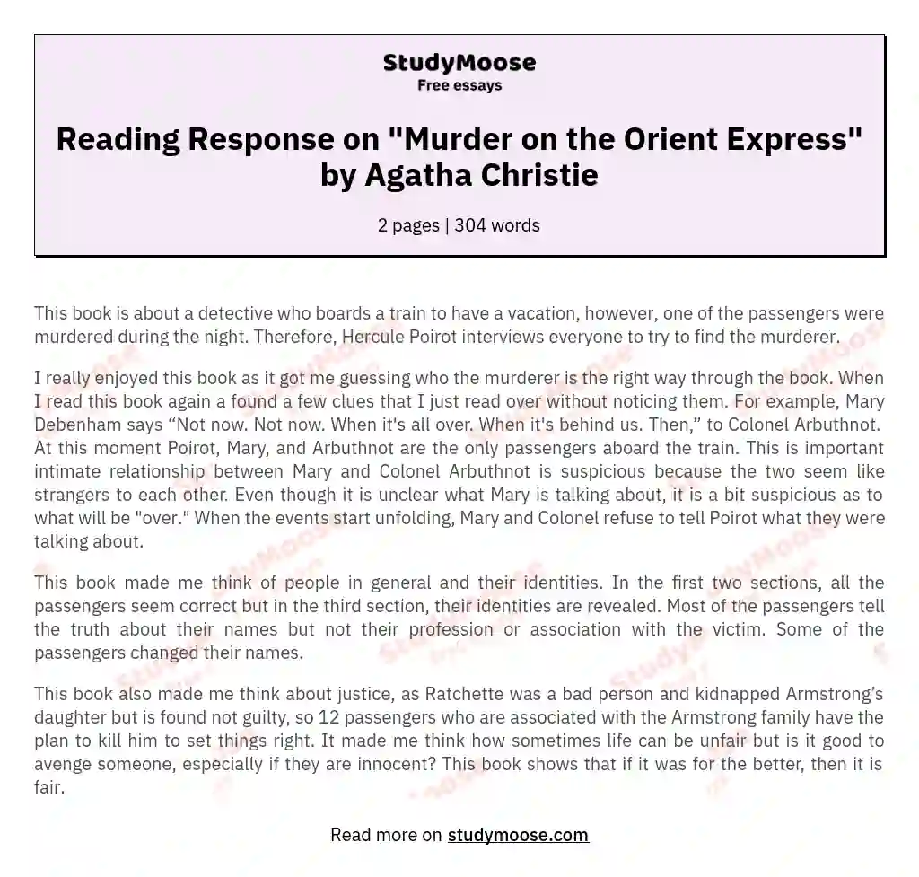 Reading Response on "Murder on the Orient Express" by Agatha Christie